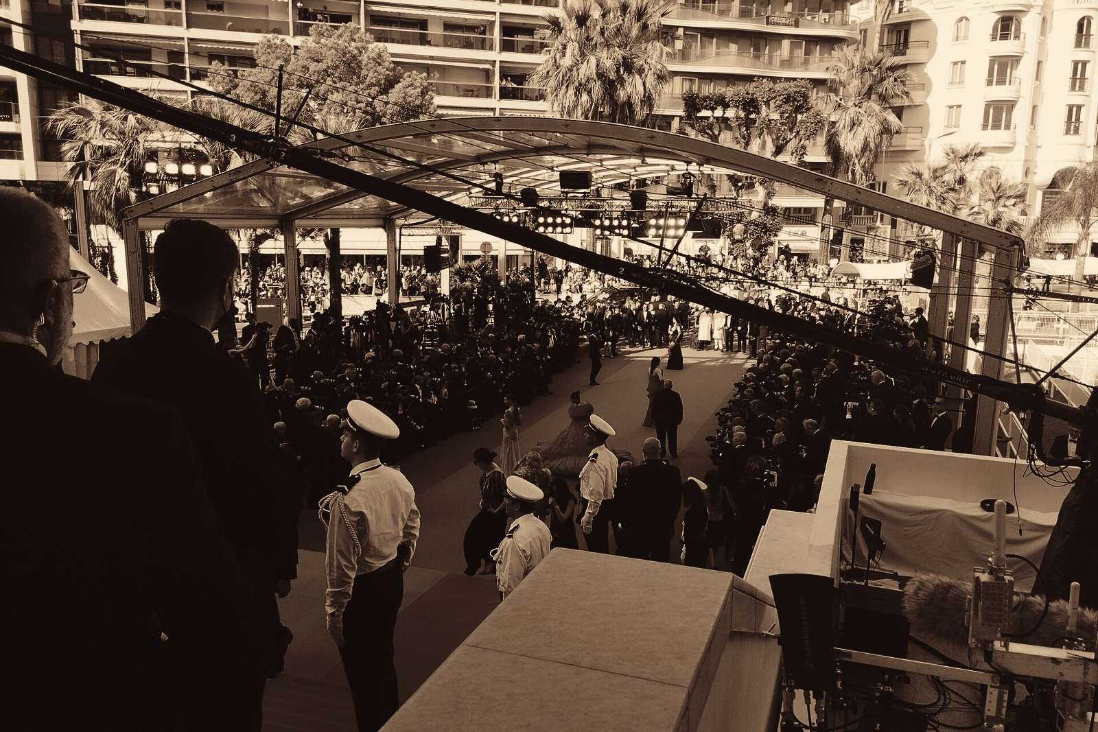 Photographers and guests lining the red carpet steps of the Palais des Festivals in Cannes, seen from above